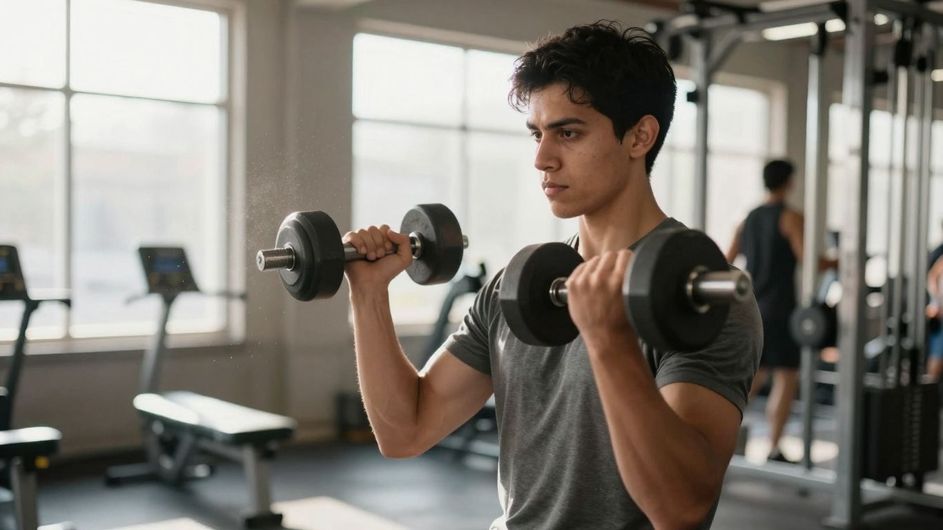 Beginner performing bicep curls in a bright, modern gym.