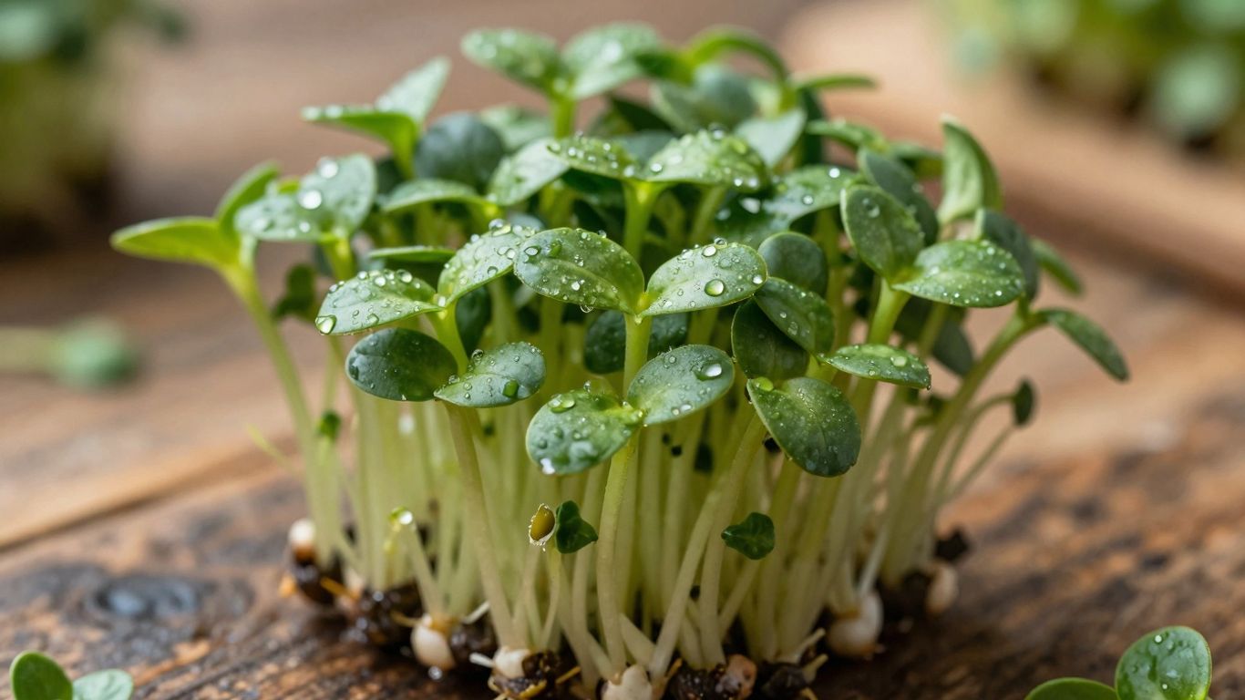 Frische Mikrogreens auf einem Holztisch im Winterlicht.