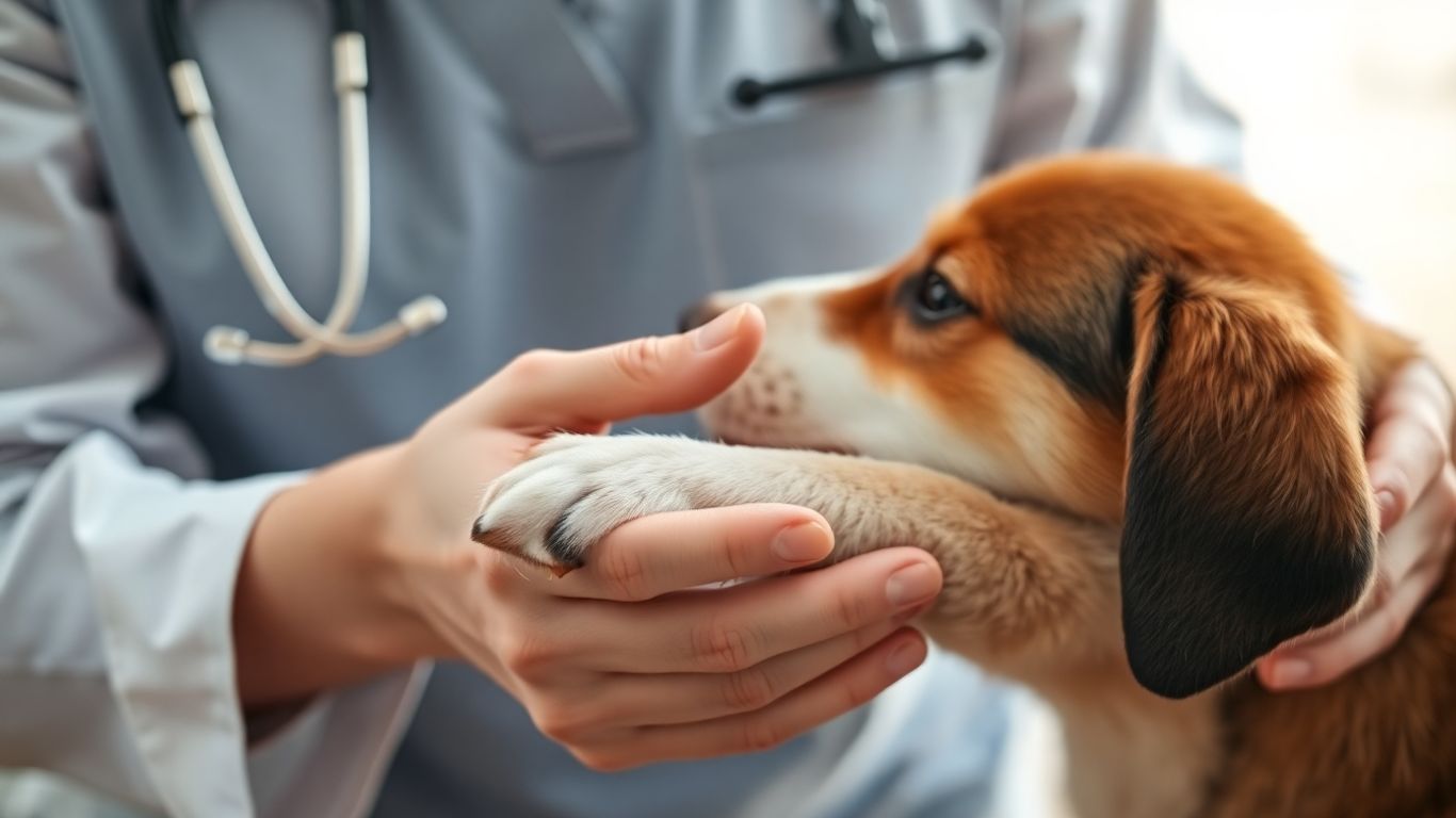 Hundepfote in Händen eines Tierarztes