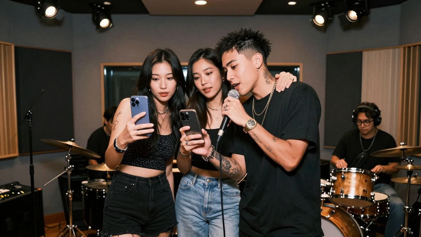 Influențatori și vedete muzicale colaborând pe scenă.