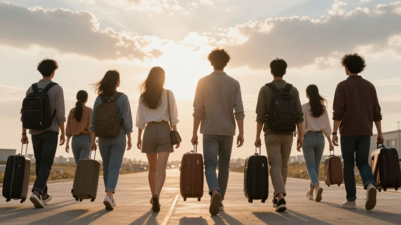 Personas caminando hacia un horizonte brillante.