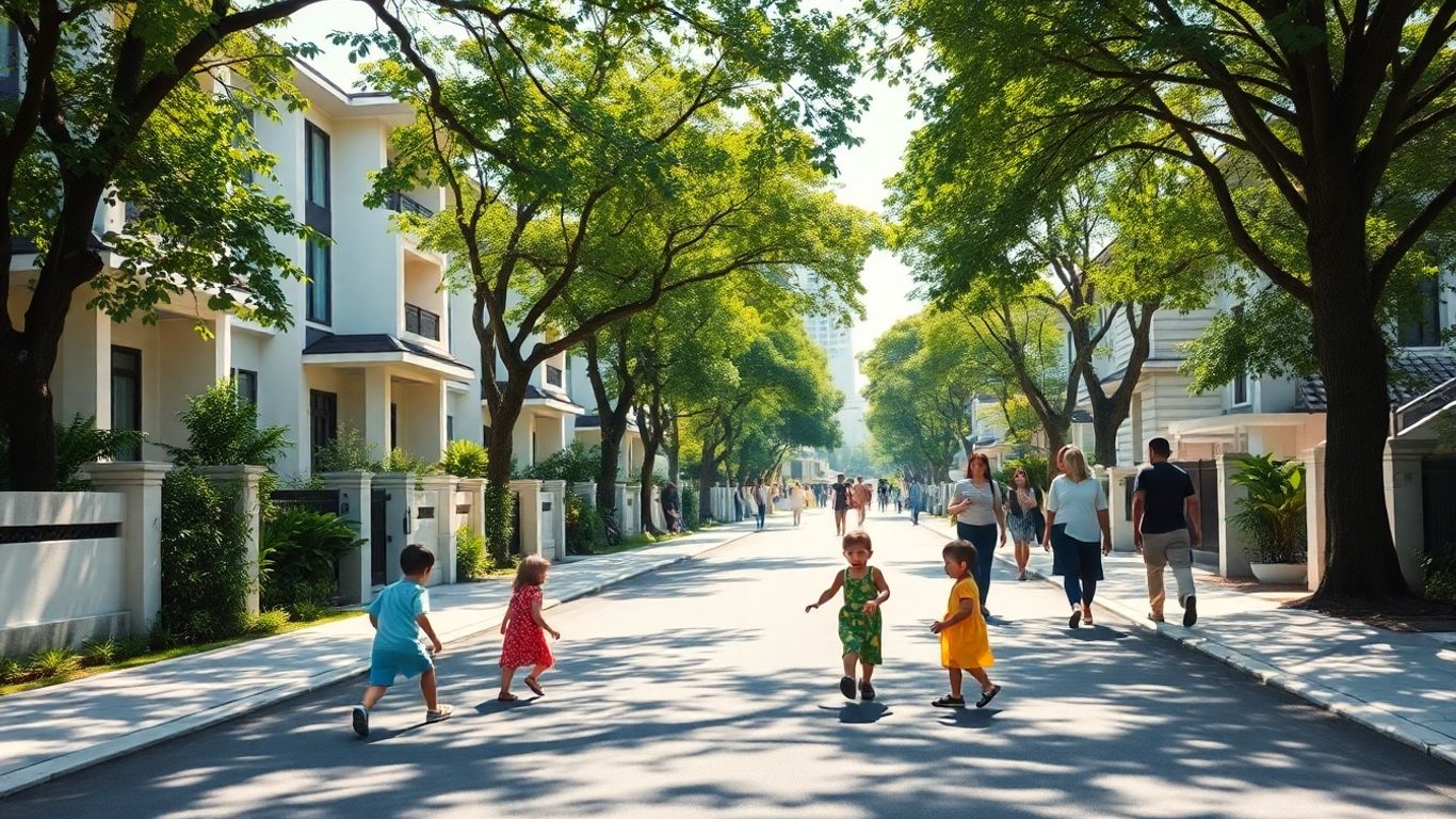 Leafy street with families and children in South Jakarta.