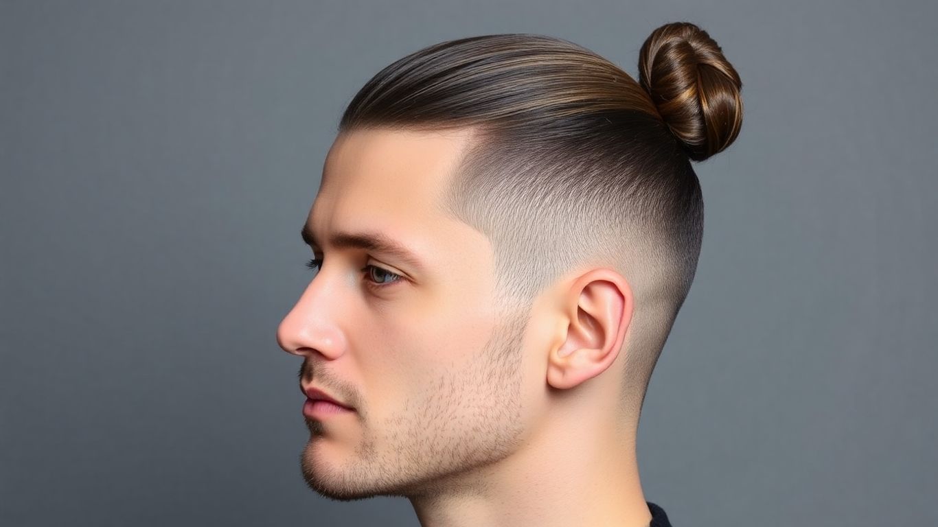 Man with a stylish man bun, smooth hair, and soft lighting.