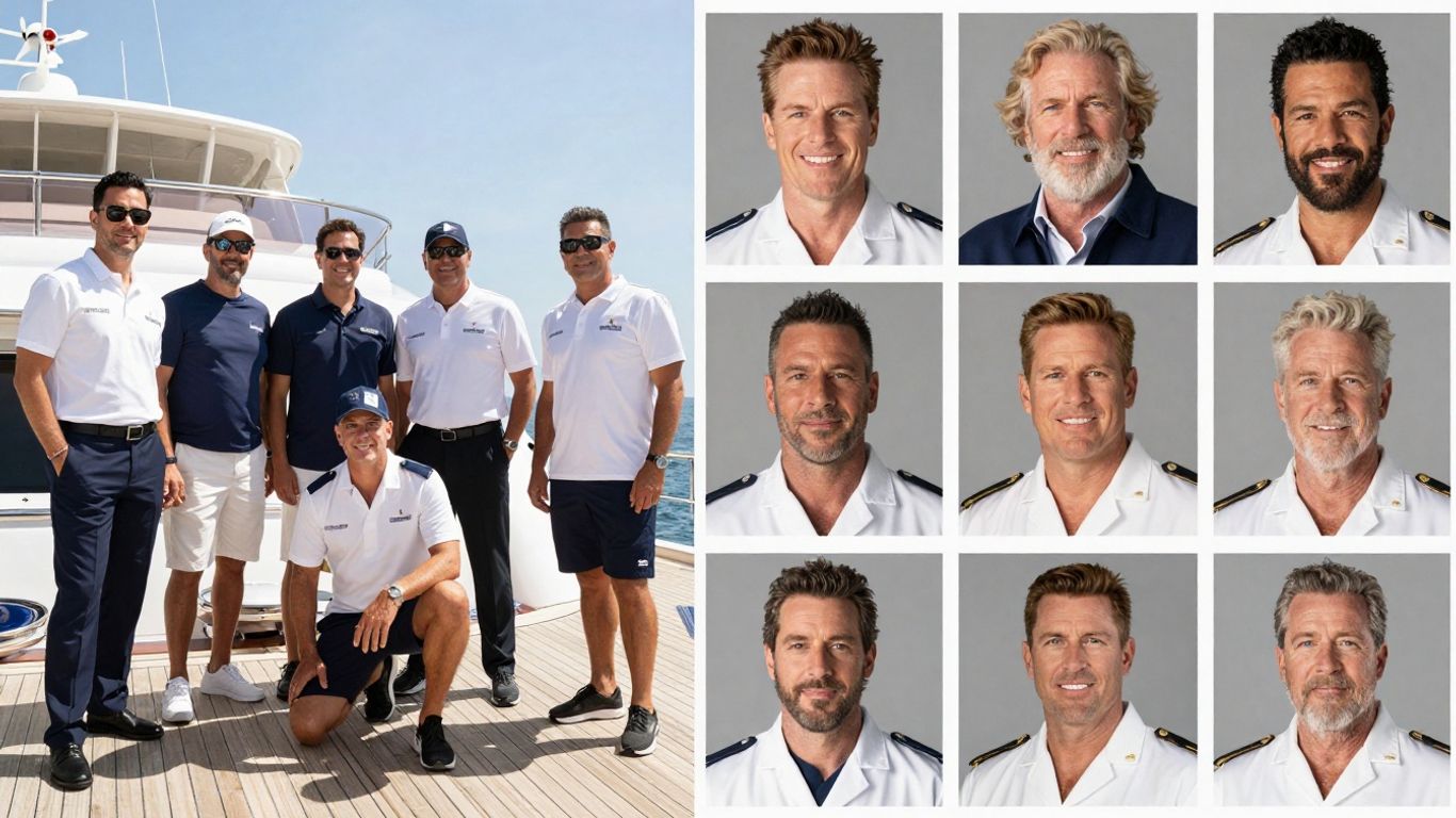 Below Deck Sailing Yacht cast members on a yacht deck and in portraits.