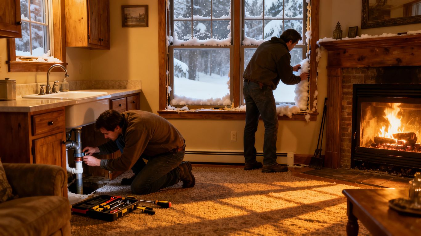 Homeowner performing winter home maintenance tasks.
