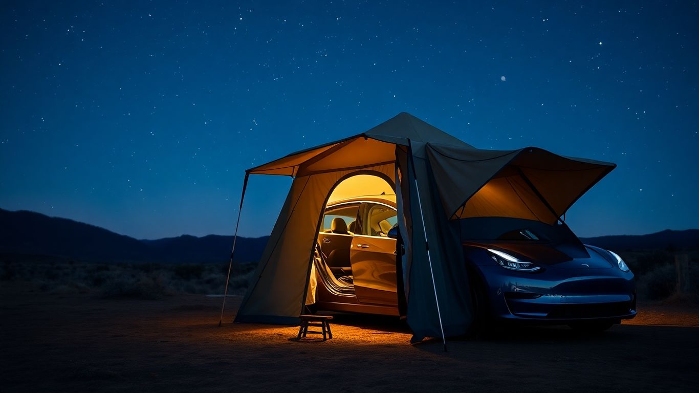 Tesla Model 3 with attached AC tent at a campsite.