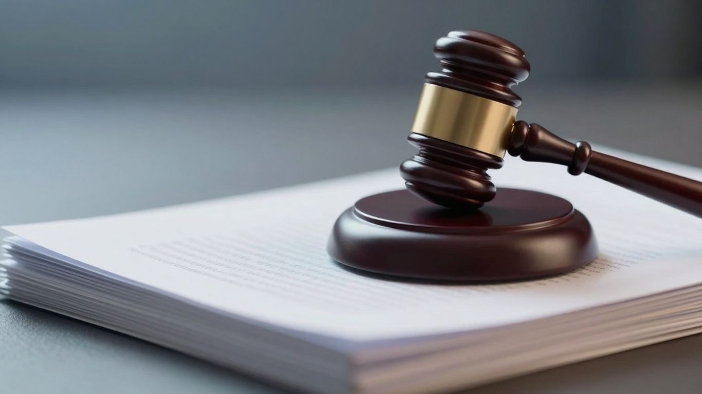 Gavel on legal documents, trademark law concept.