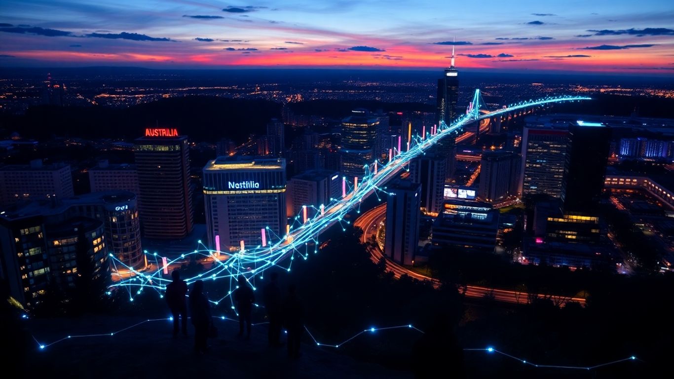 Australian city with glowing digital connections at dusk.