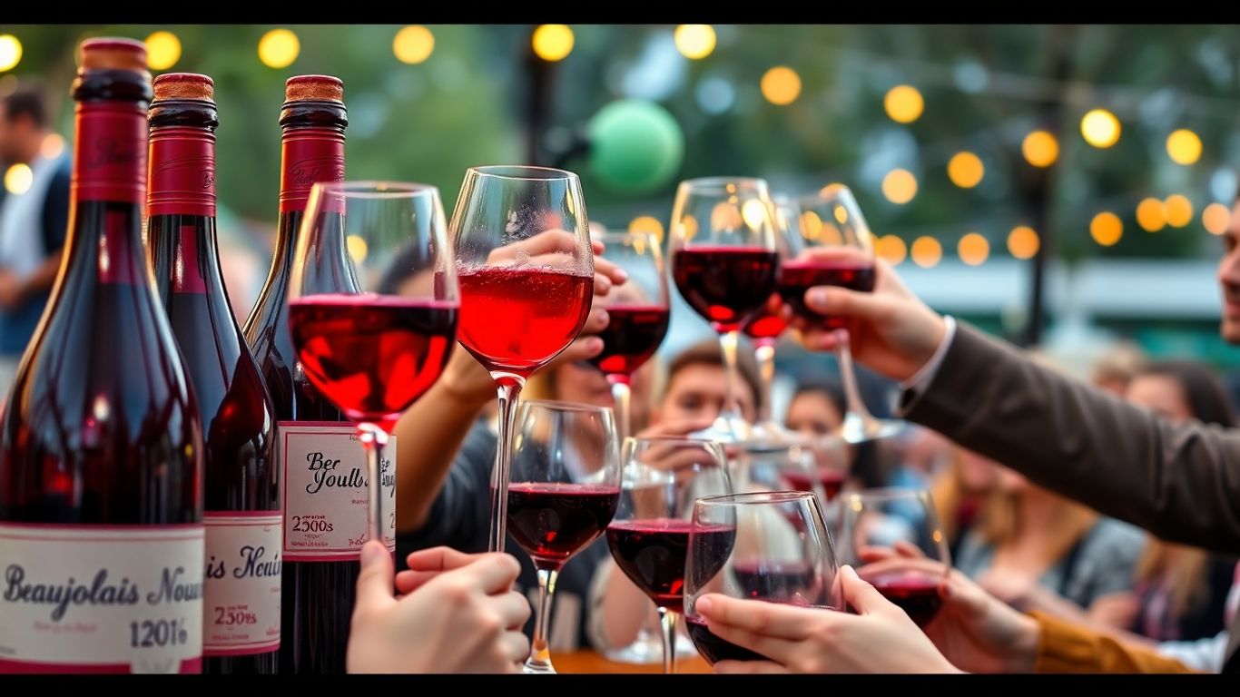 Fête du Beaujolais Nouveau avec bouteilles et verres de vin.