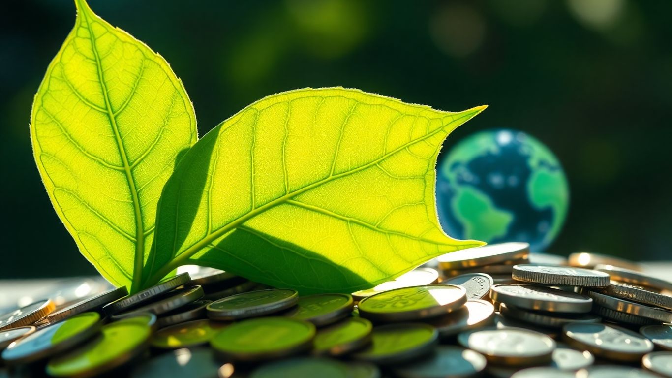 Green leaf growing from coins, Earth background.