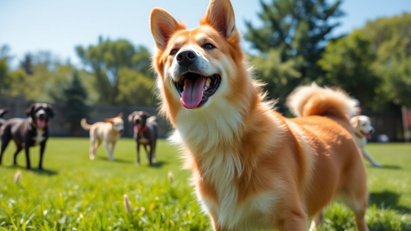Happy dogs playing in a sunny park.
