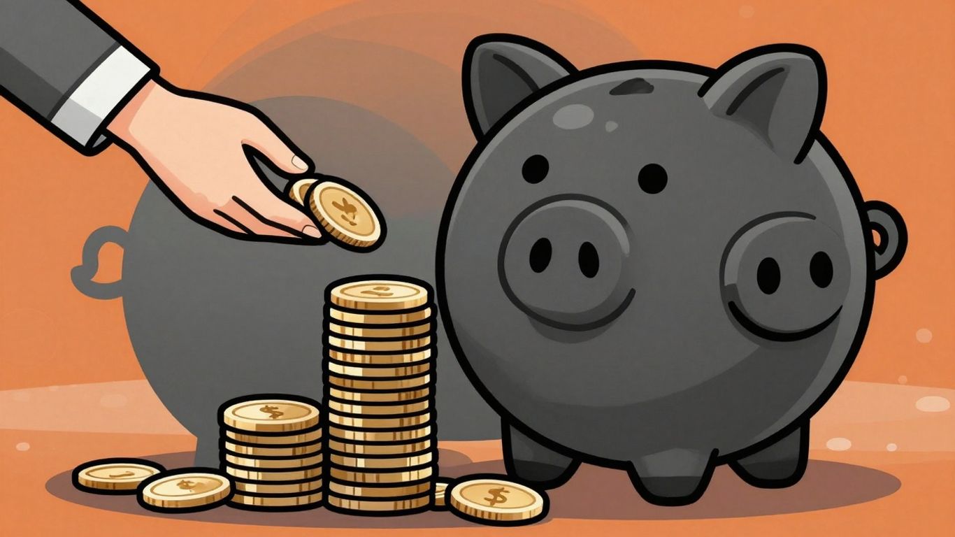 Cartoon character taking coins from a piggy bank.