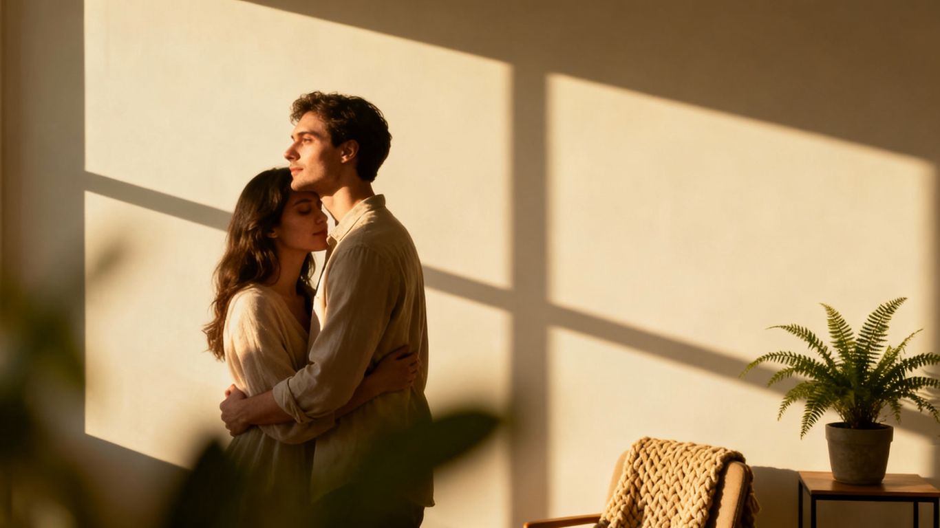 Couple in a minimalist, serene setting sharing an intimate moment.