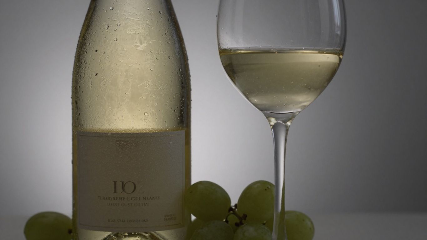 Chilled white wine bottle and glass with grapes.