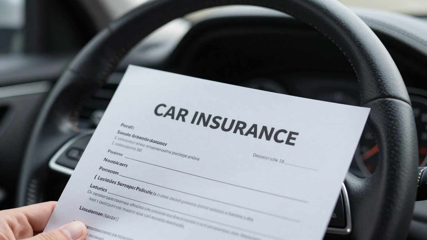 Car insurance policy document on a car dashboard.