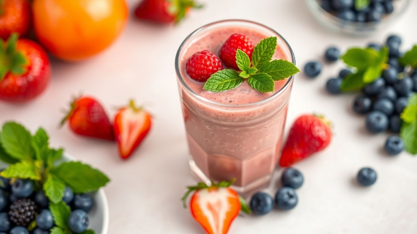 Meal replacement smoothie with fresh berries and mint.