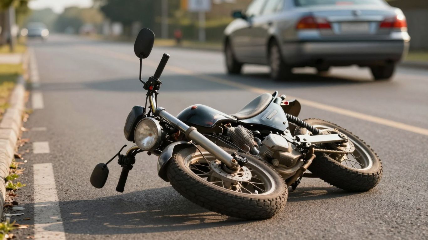Motorcycle accident scene with fleeing car.