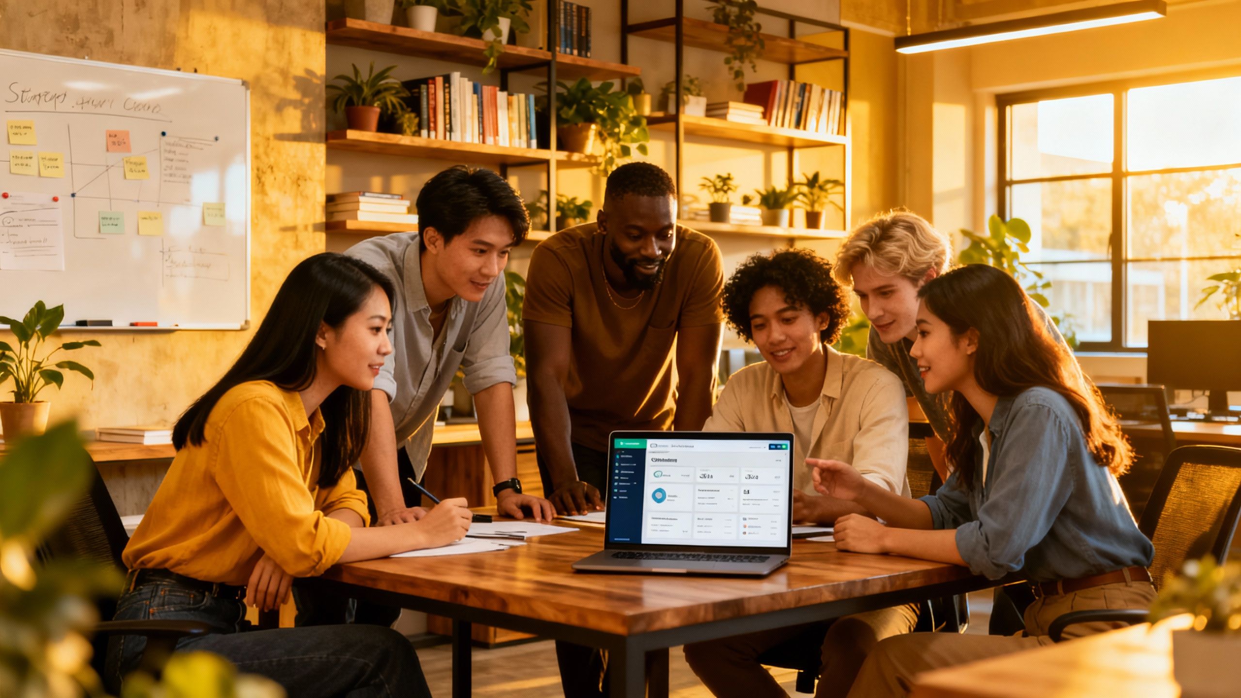 A diverse team of startup founders strategizing using a CRM system in a collaborative office space