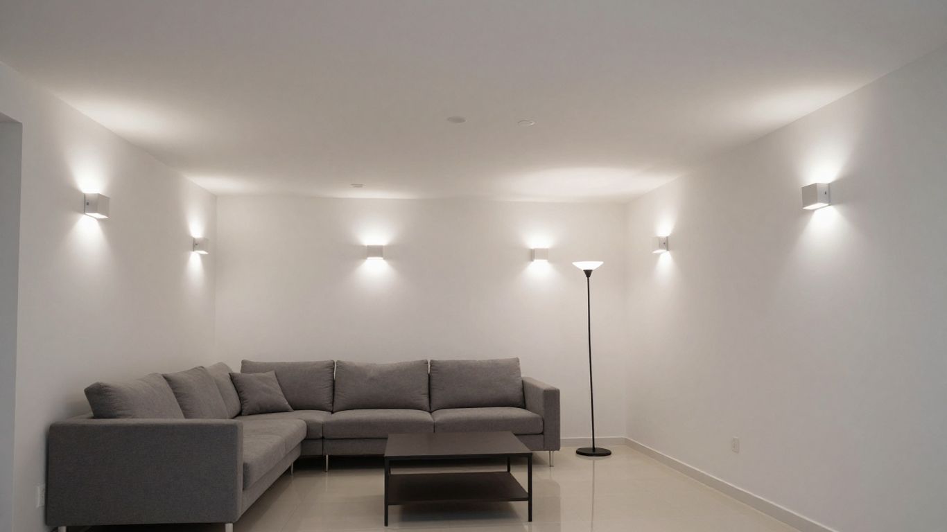 Bright living room with low ceiling and clever lighting.