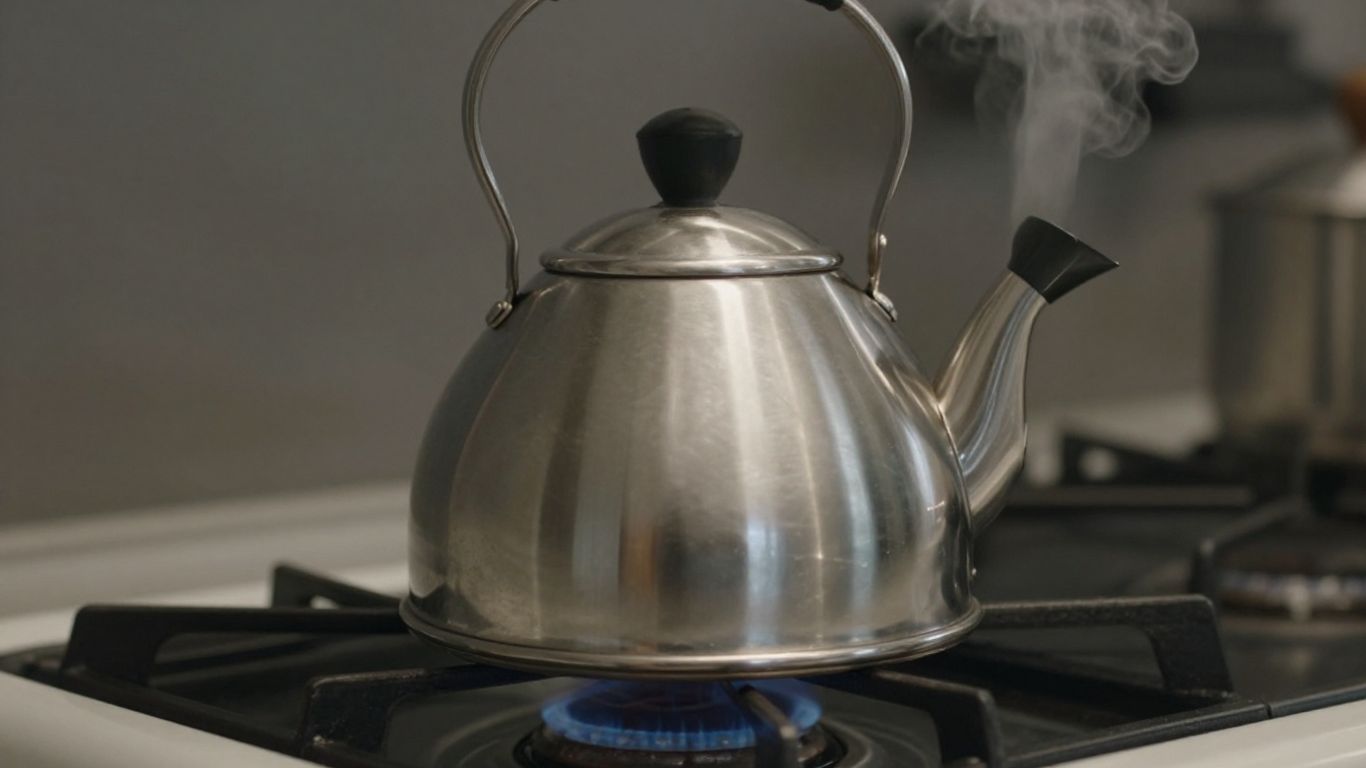 Shiny tea kettle on a stovetop with steam rising.