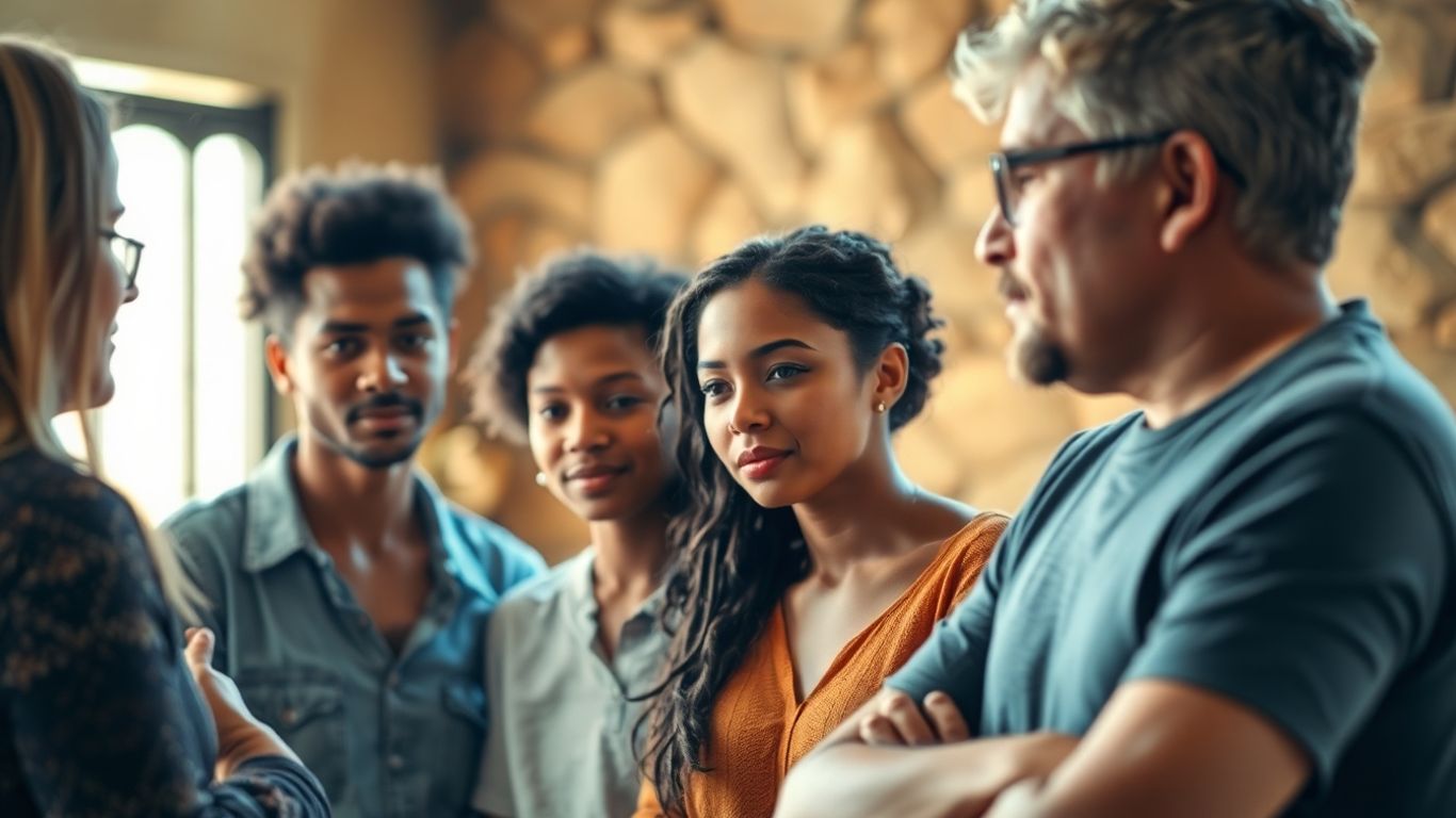 People interacting, one observing thoughtfully.