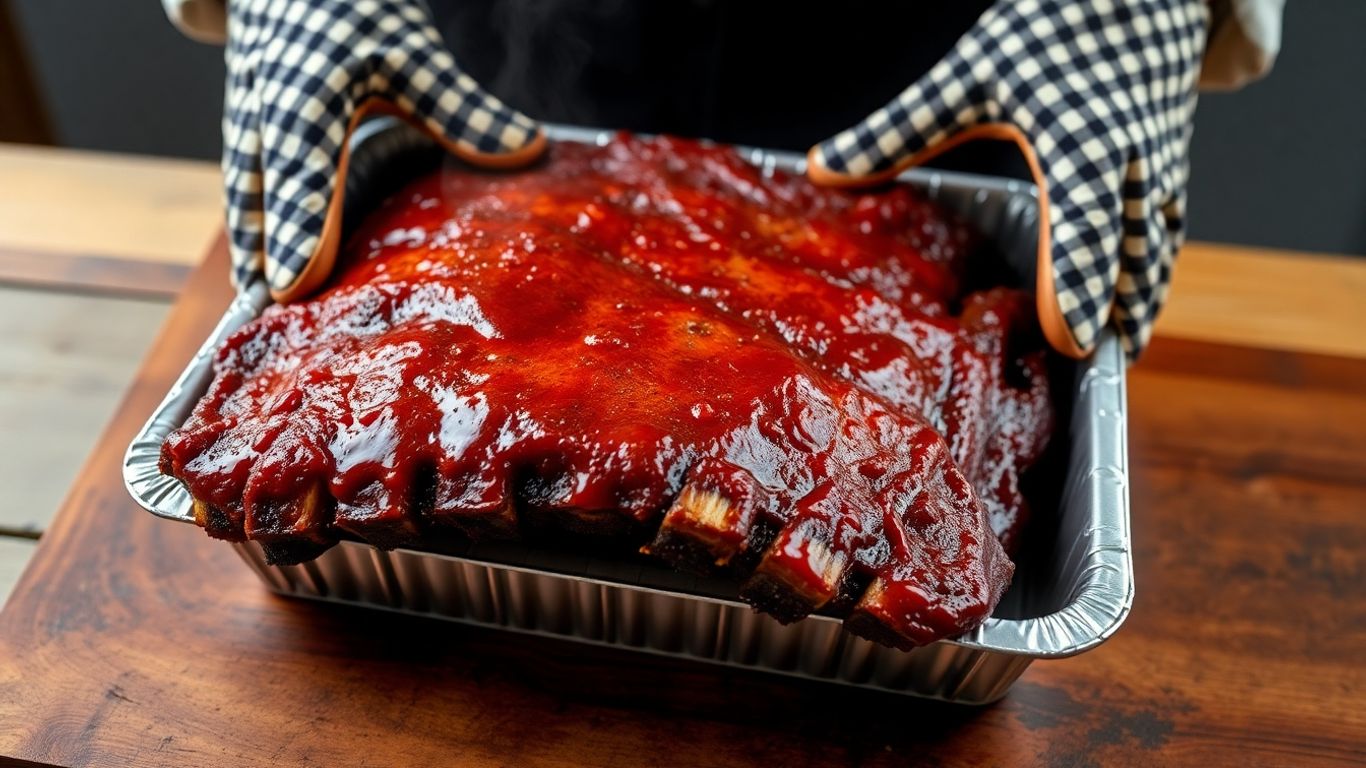 Ribs being placed into a foil pan for a BBQ contest.
