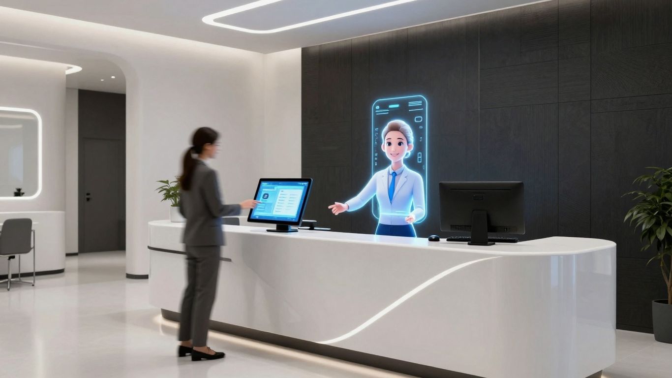 AI receptionist interface in a modern clinic reception.