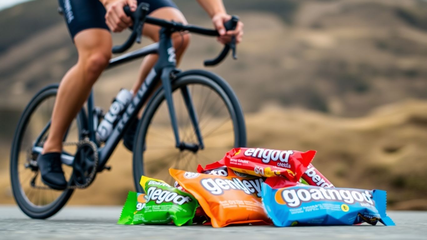 Cyclist with energy gels and bars for fueling.