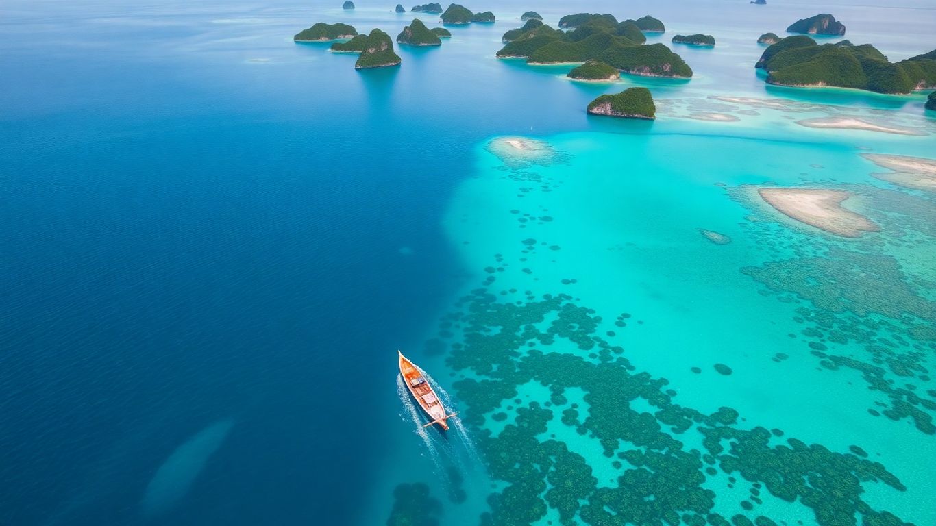 Aerial view of Raja Ampat islands and turquoise waters.