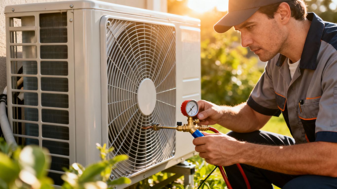 HVAC technician inspecting an outdoor air conditioning unit.