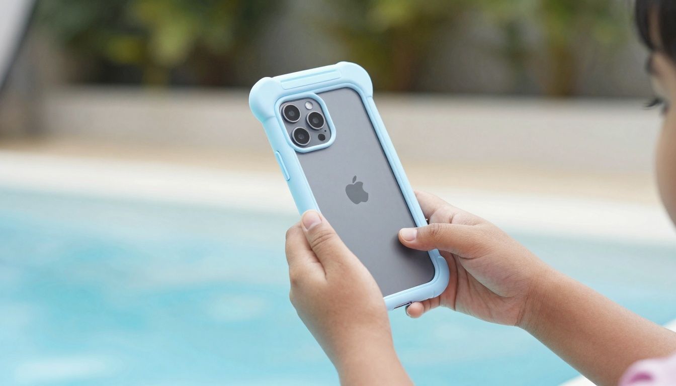 A child’s hands holding a neutral smartphone near a pool, with a waterproof phone case securely fitted.
