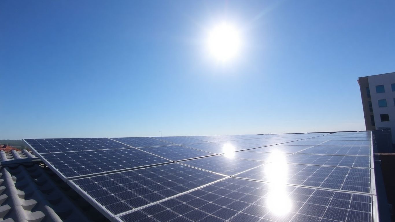 Solar panels on a roof under a blue sky.