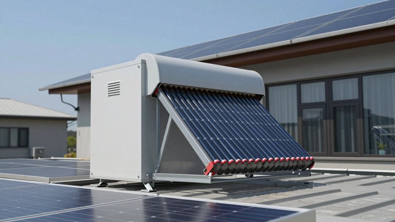 Chauffe eau thermodynamique solaire avec panneaux solaires sur un toit.