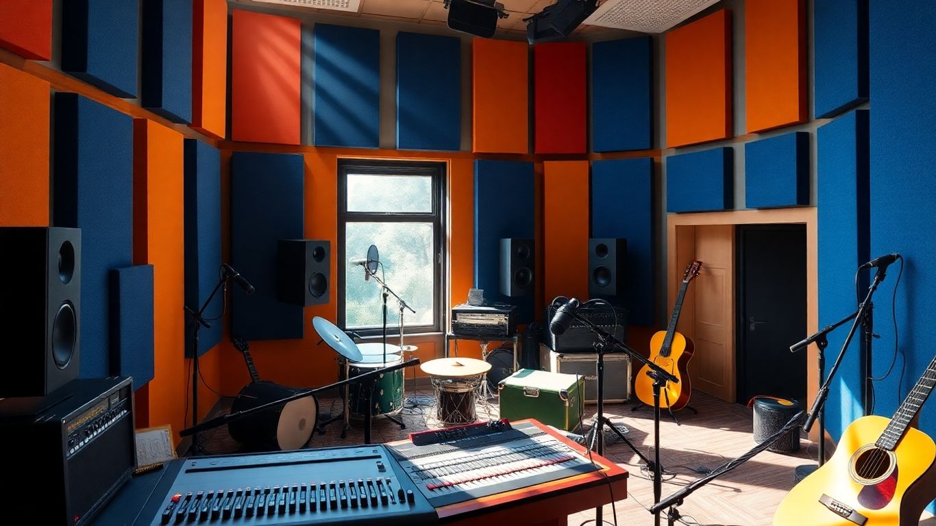 Recording studio with instruments and mixing desk.