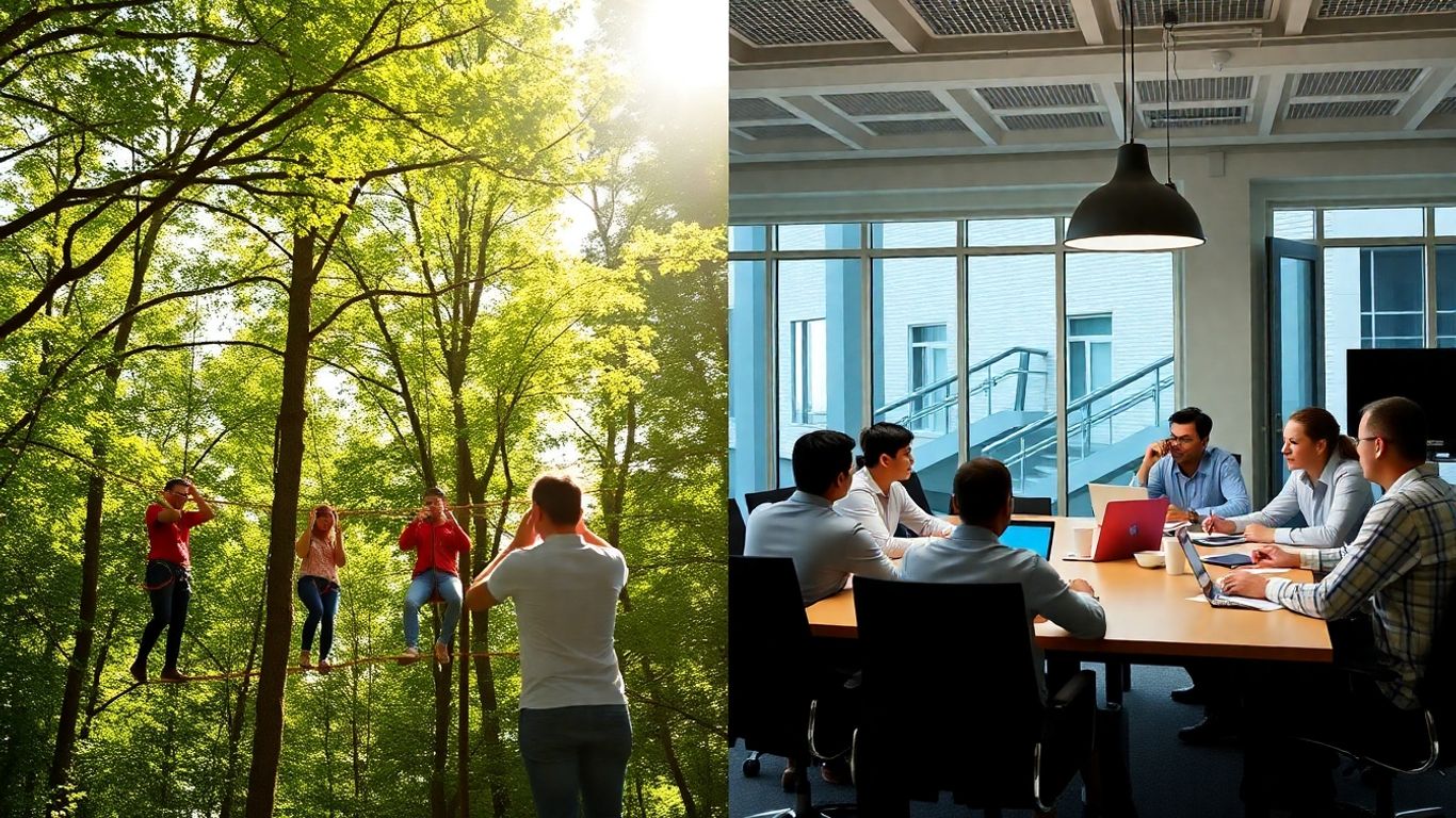 Outdoor ropes course and indoor conference room team activities.