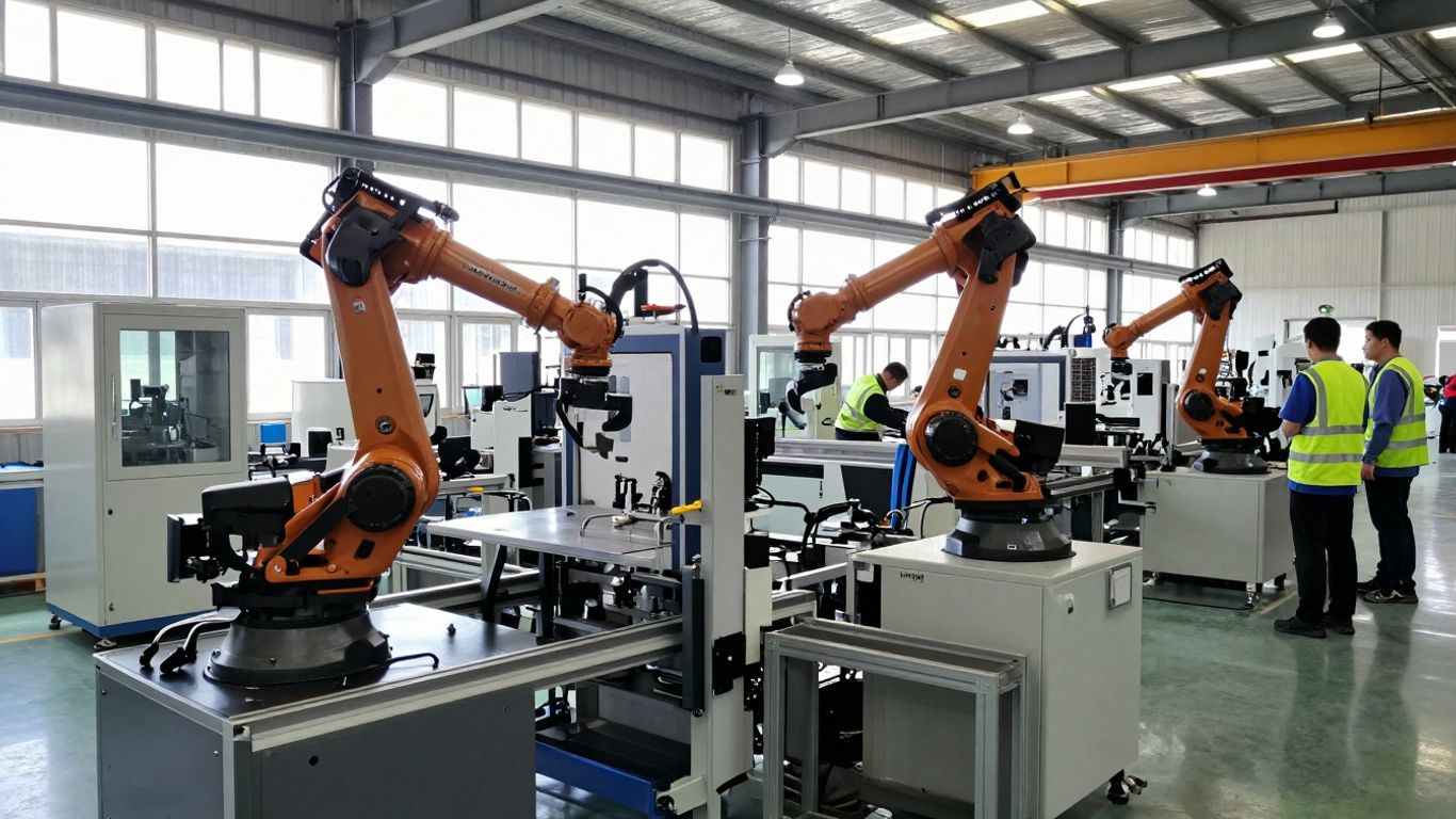 Advanced manufacturing factory with robotic arms and machinery.