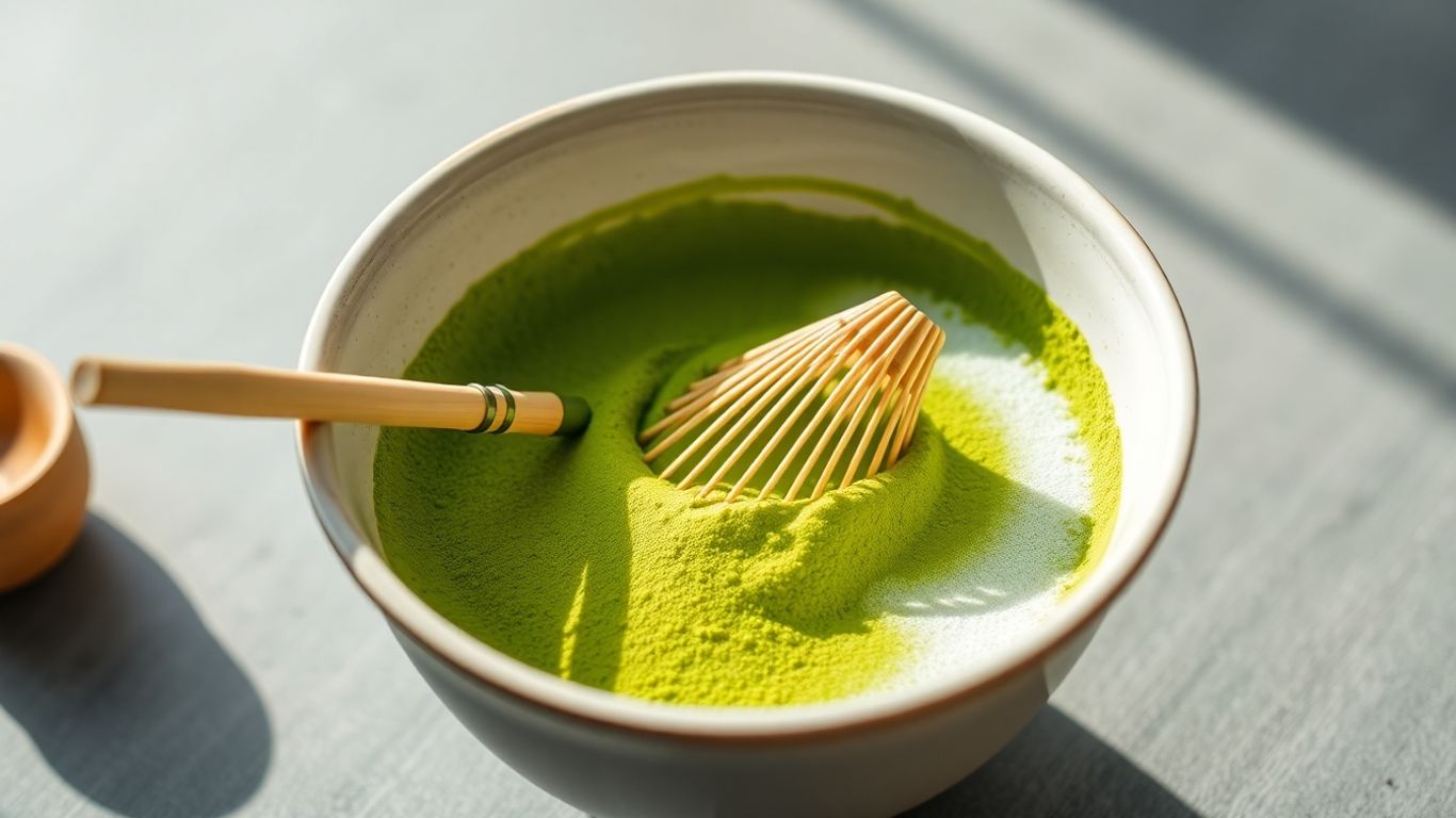 Bowl of whisked ceremonial matcha with bamboo whisk.