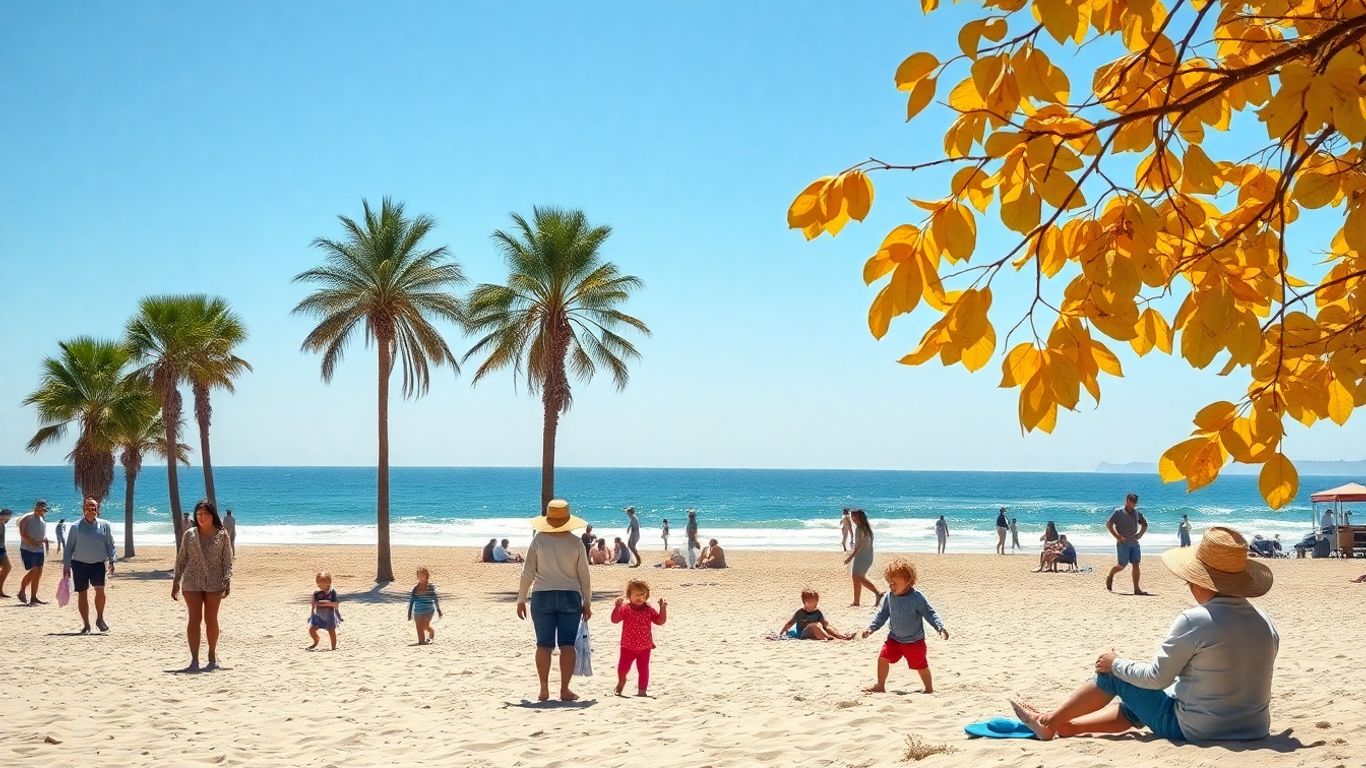 Familles sur une plage ensoleillée en automne en France.