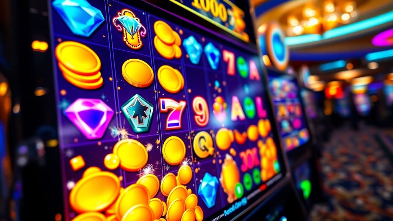 Slot machine symbols and glittering coins on screen.