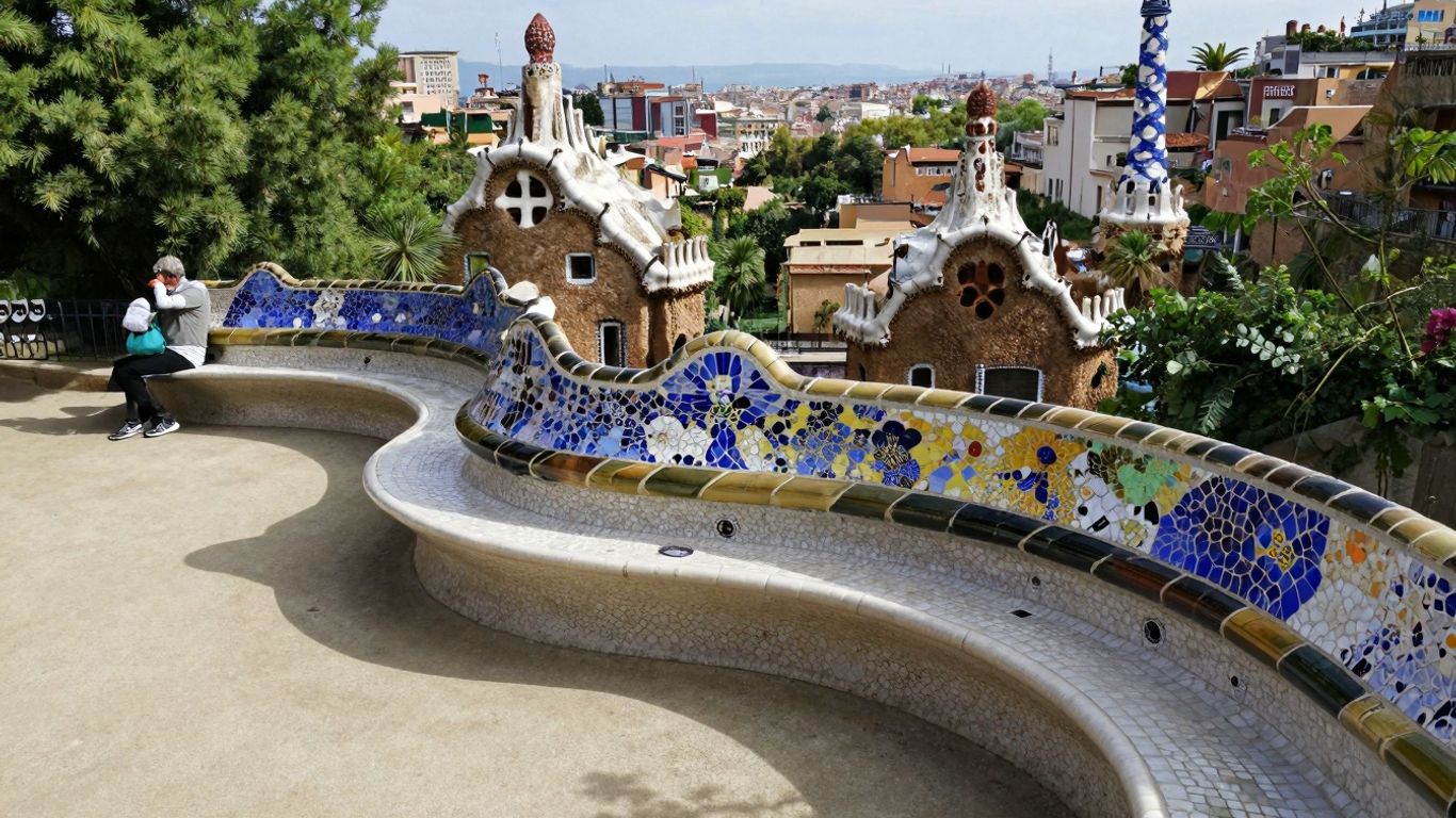 Park Güell z mozaikowymi ławkami i widokiem na Barcelonę.