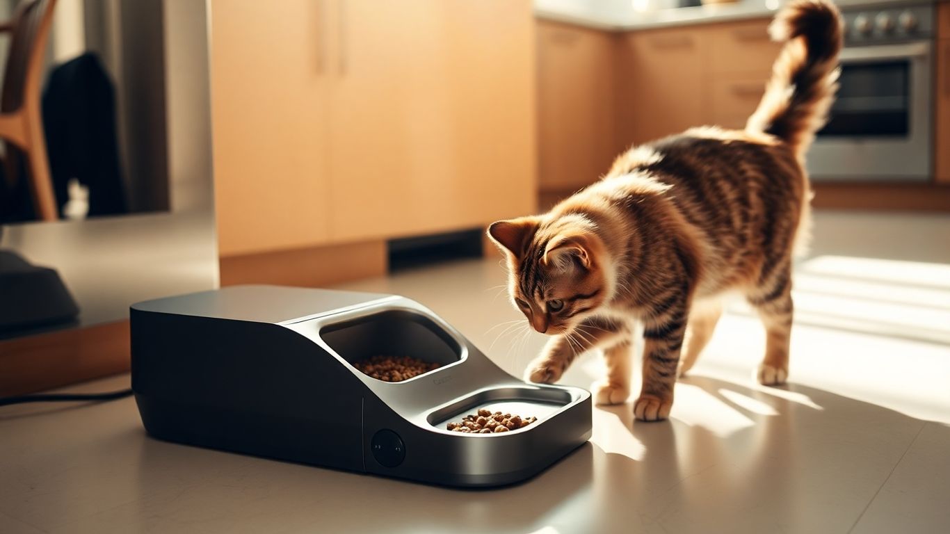 Cat approaching a wifi enabled cat feeder.