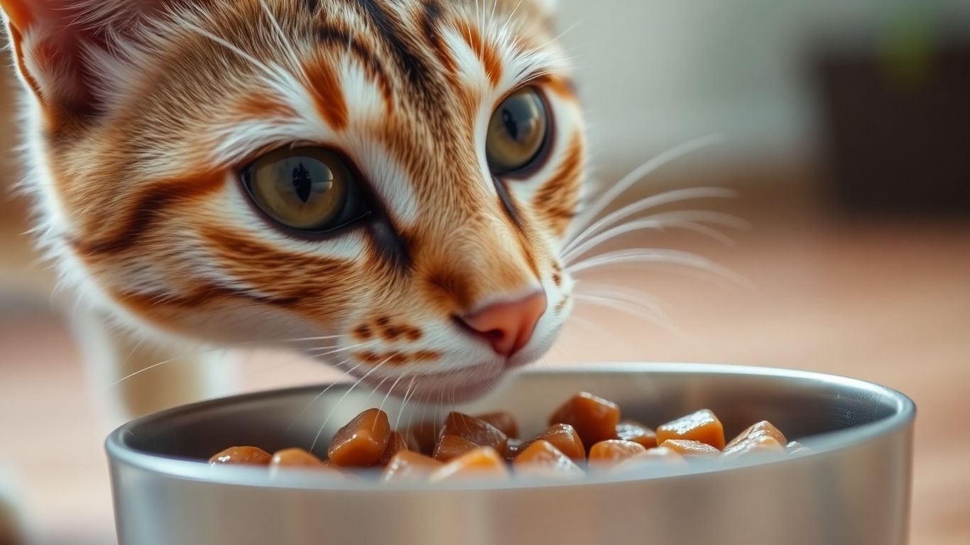 Cat curiously sniffing a bowl of wet food.