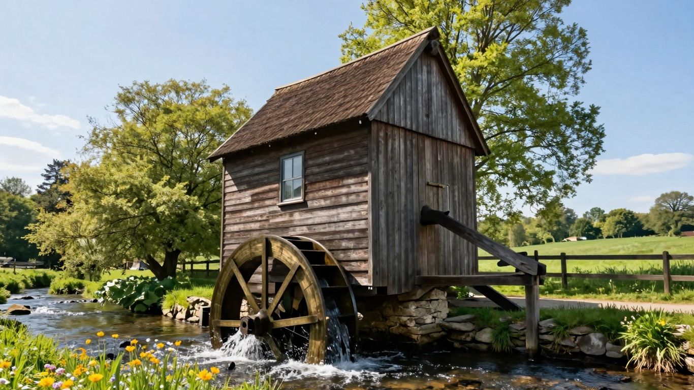Drewniany młyn nad strumieniem w otoczeniu zieleni