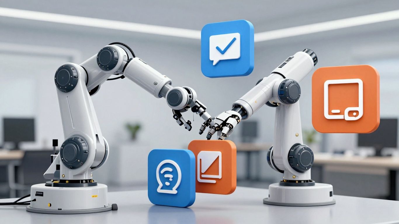 Robot arm organizing digital marketing icons.