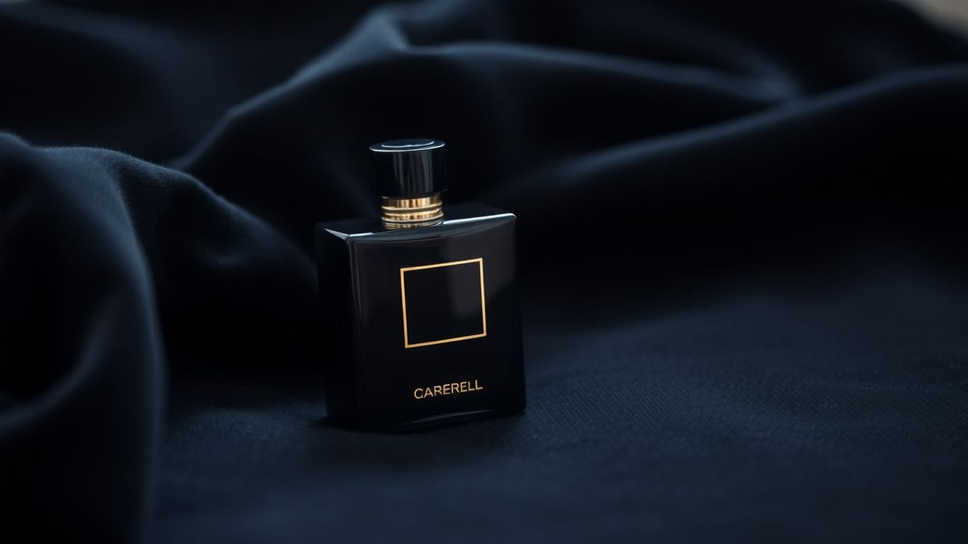 Elegant black perfume bottle with gold accents on a dark surface.