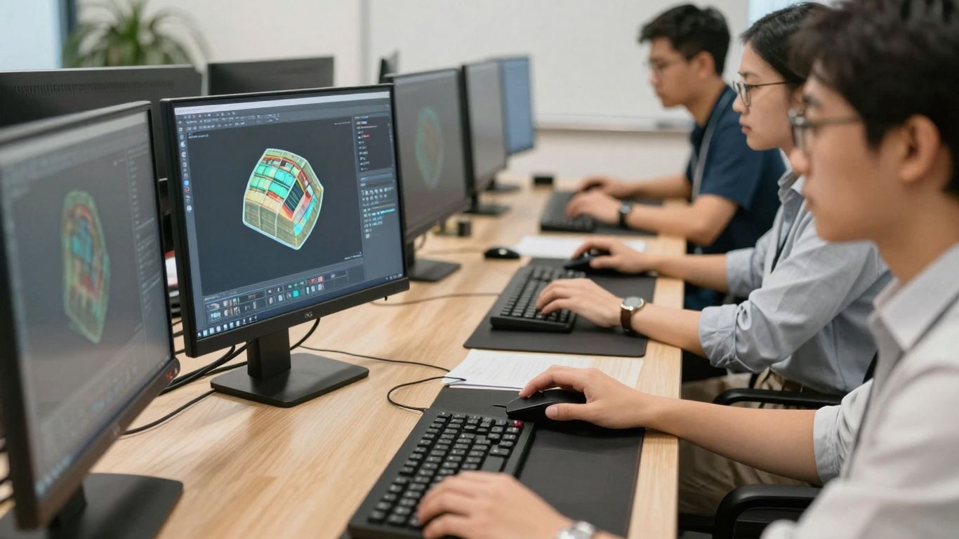 People learning SolidWorks on computers.