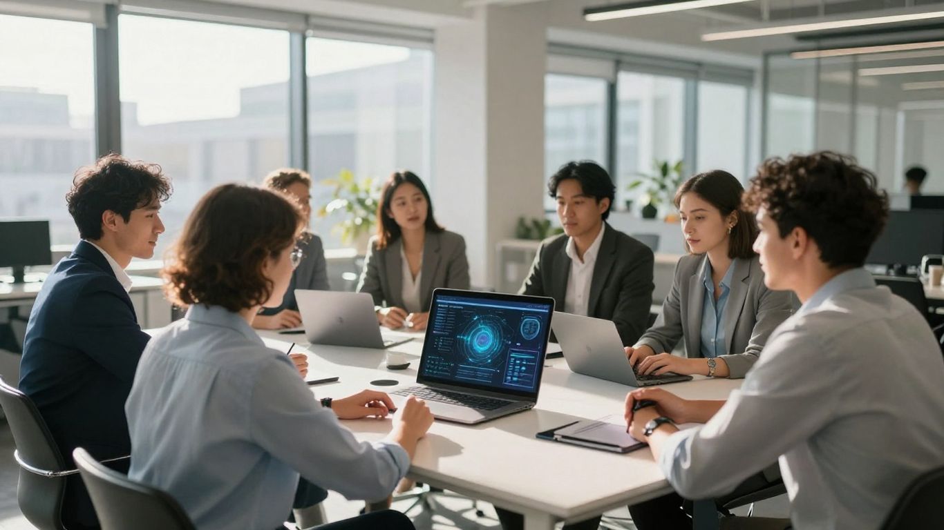 Business professionals discussing ERP software solutions in an office.