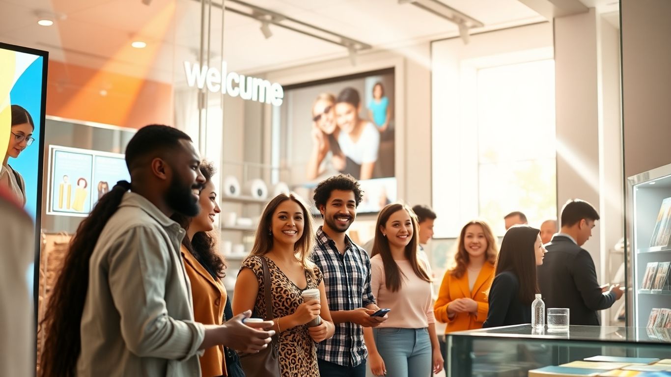 Modern ecommerce storefront with happy customers and digital displays.