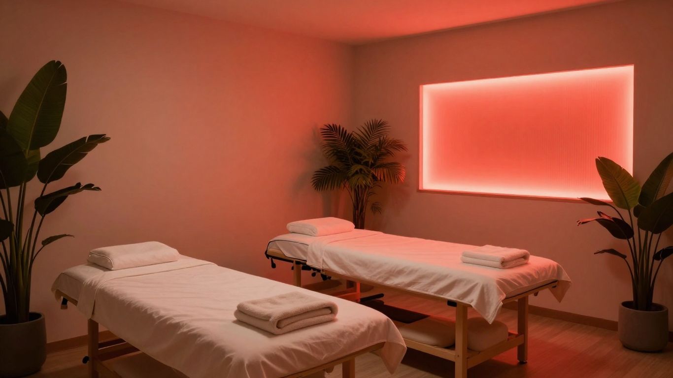 Red light therapy room with treatment beds and plants.
