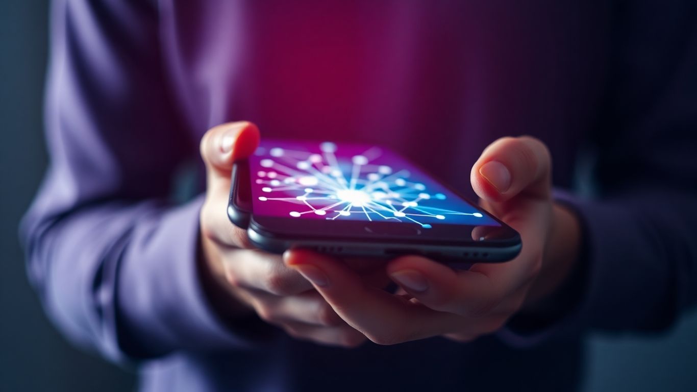 Mãos segurando um smartphone com rede digital brilhante.